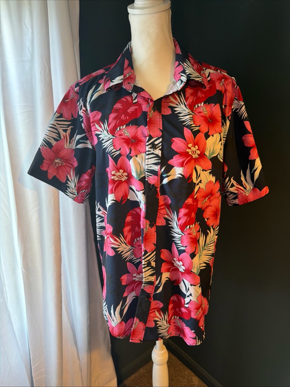 Men's Black Hawaiian Shirt with Red Floral Print